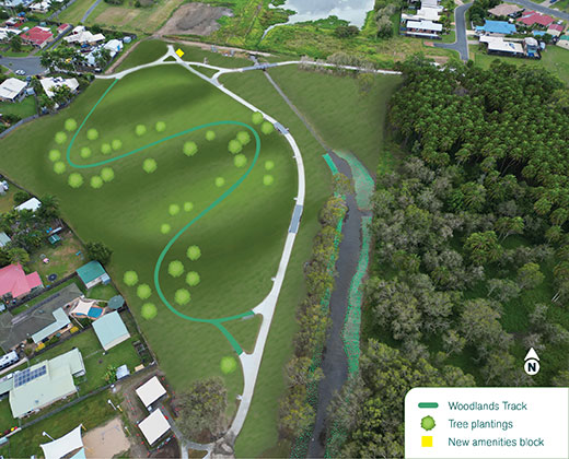 Aerial map of park with overlay track and trees